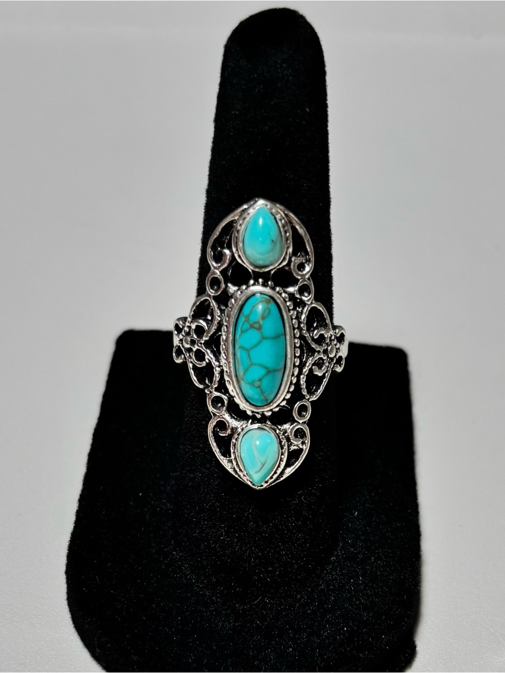 Turquoise & Silver Filigree Statement Ring - Turquoise  Blue Color Size 6
